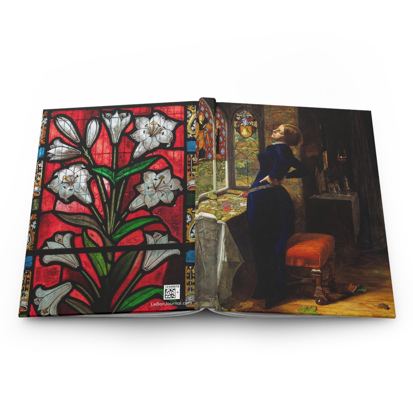Hardcover journal opened flat showing spine binding and both covers with John Everett Millais Mariana and Victorian lily stained glass - LeBonJournal