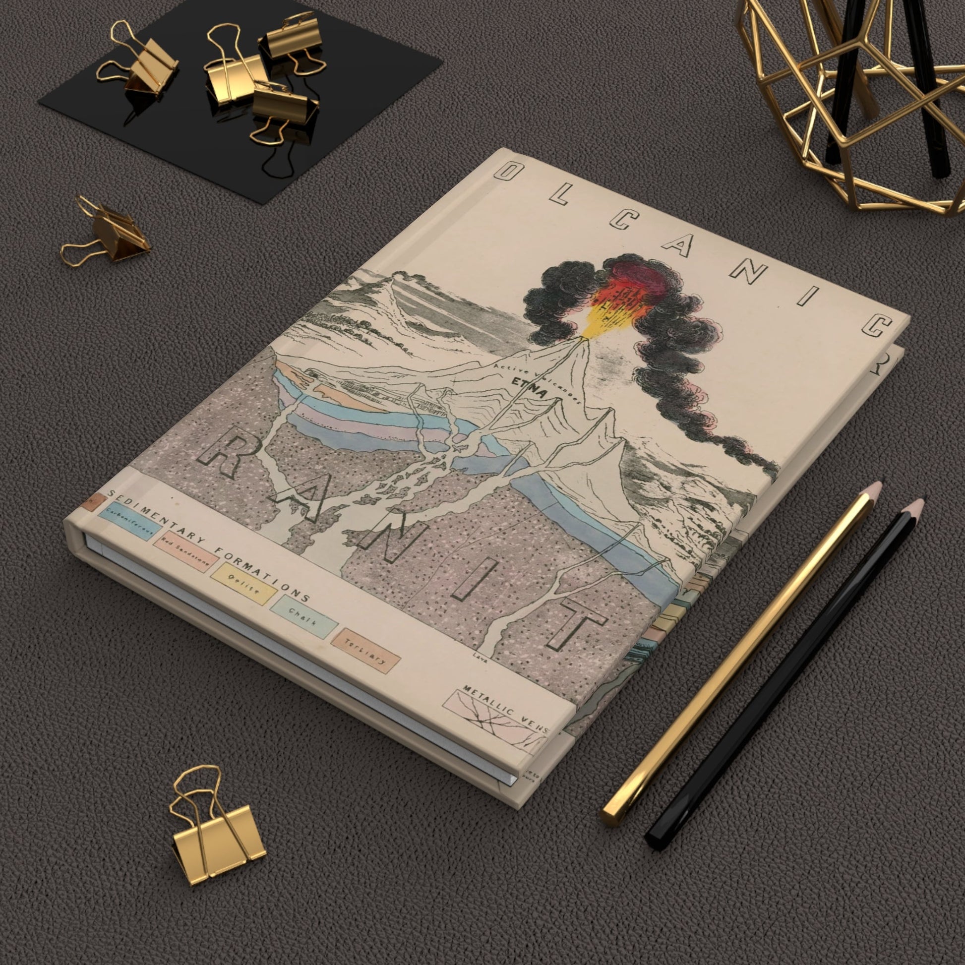 John Morris 1850s geological diagram journal on desk with gold clips for field research - LeBonJournal