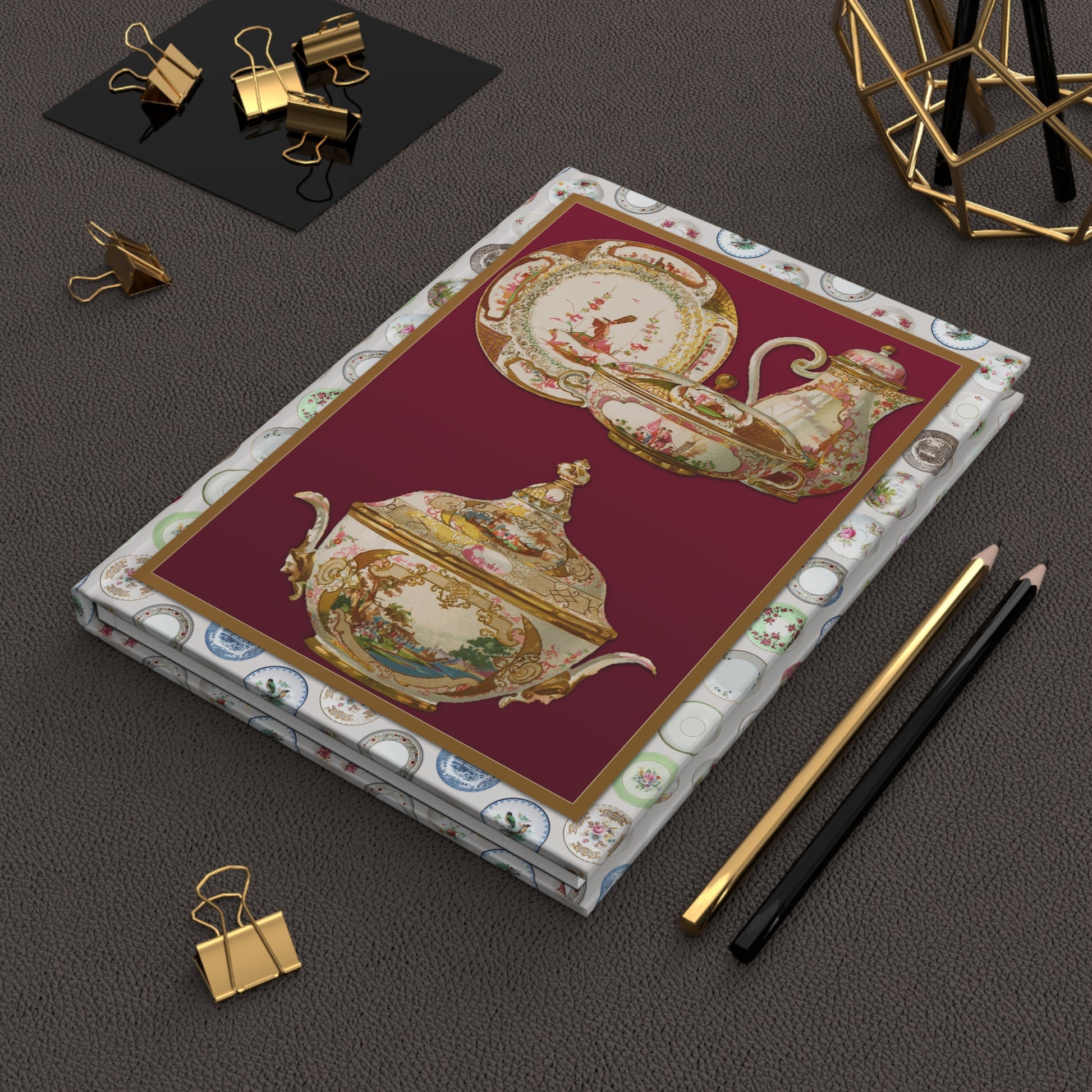 Karl Berling 1900 Meissen porcelain journal on desk with gold clips for decorative arts notes - LeBonJournal
