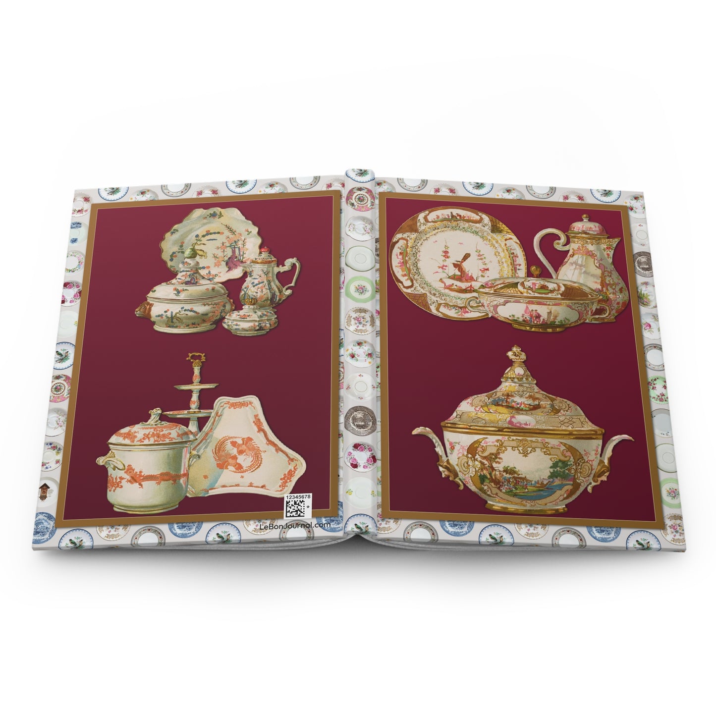 Karl Berling Meissen porcelain journal open showing casewrap binding with 1900 ceramic plates - LeBonJournal
