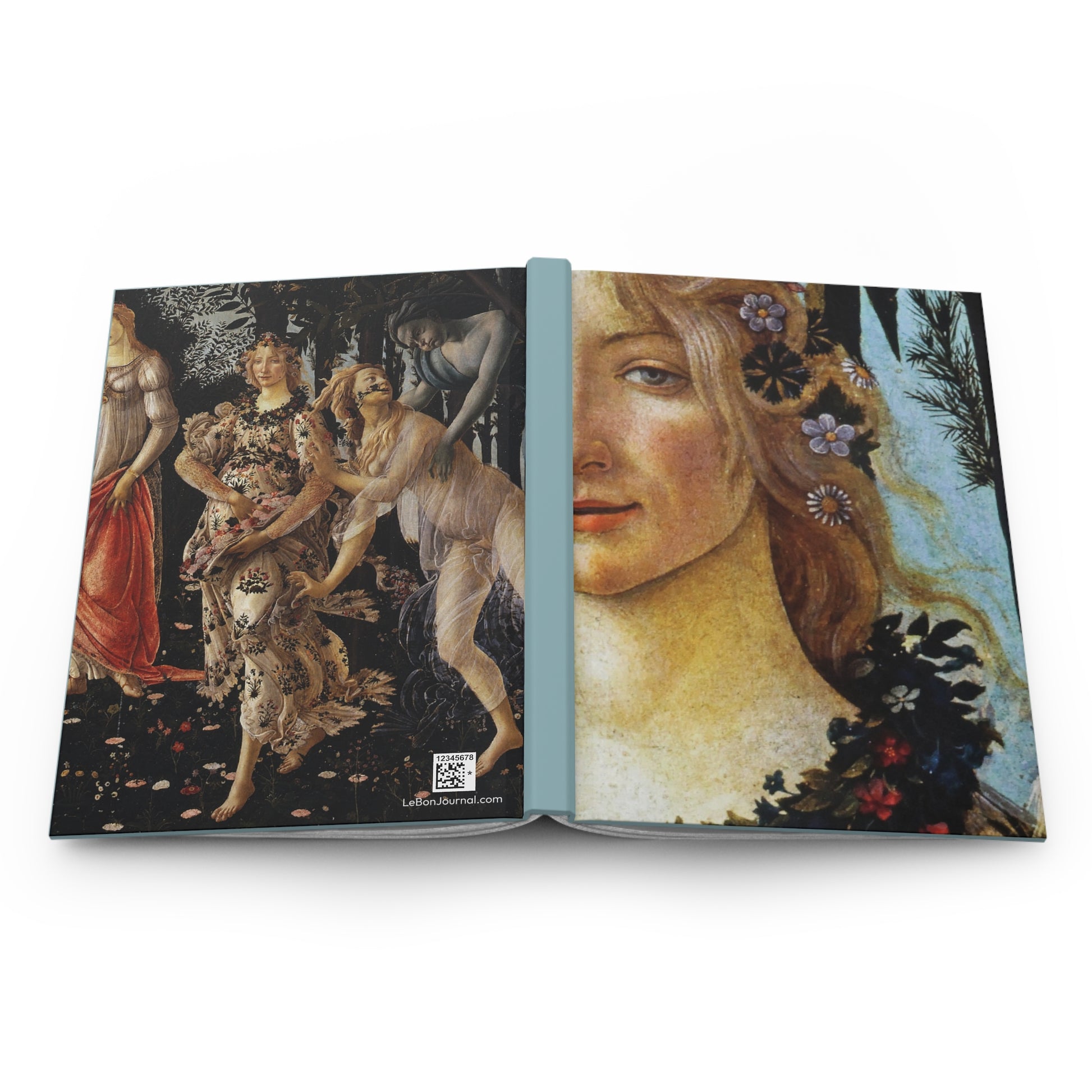 La Primavera journal open flat showing casewrap binding spine with Botticelli Flora Zephyrus Chloris Renaissance details front and back covers - LeBonJournal