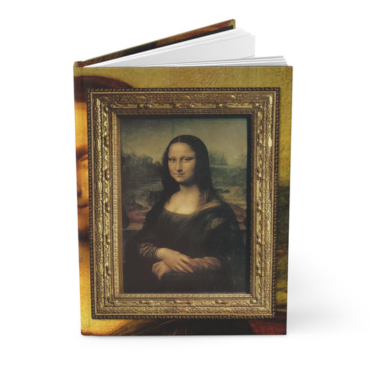 Hardcover journal standing upright showing Leonardo da Vinci Mona Lisa painting on front cover - LeBonJournal