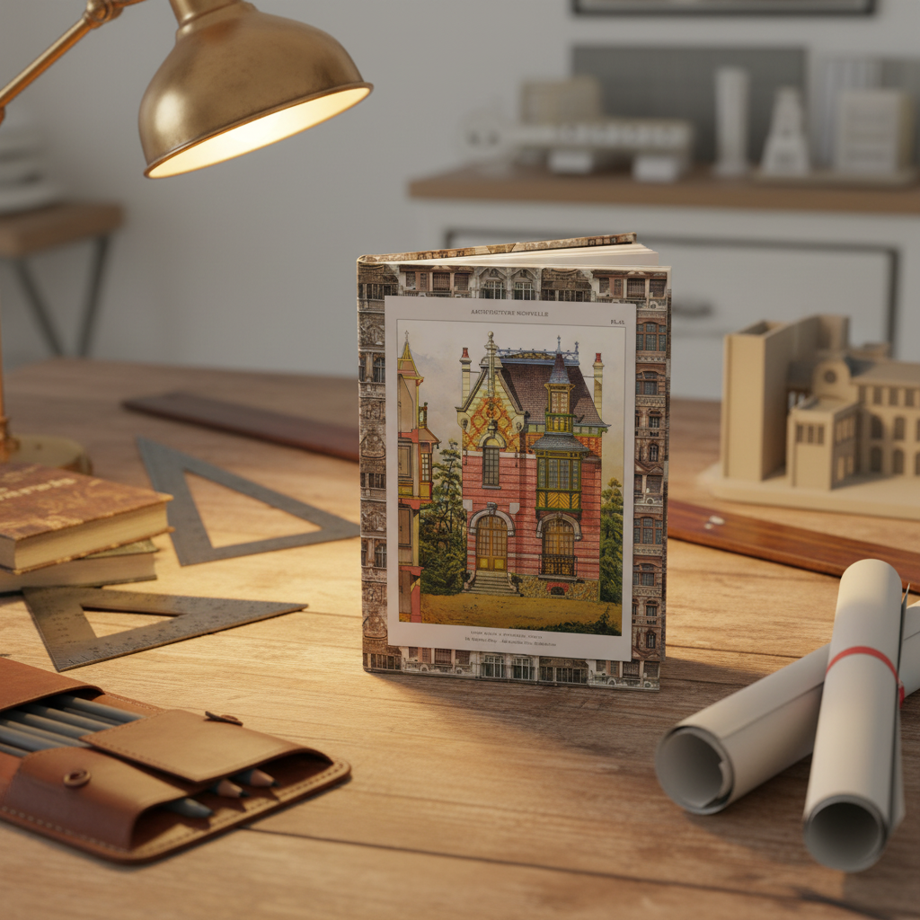 Lifestyle photo of Leseine Frères architecture journal standing upright on vintage drafting table with T-square rulers technical pencils blueprints and architect lamp - LeBonJournal