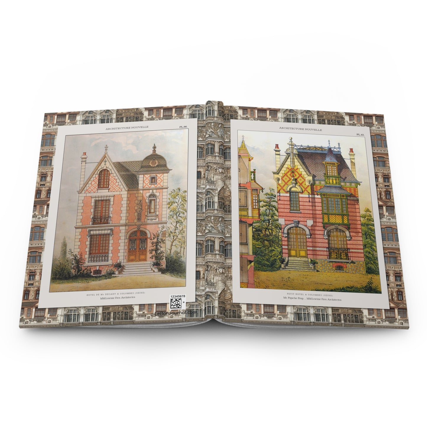 Hardcover journal opened flat showing spine binding and both covers with Leseine Frères French villa architectural plates - LeBonJournal