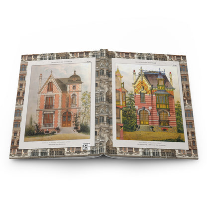 Hardcover journal opened flat showing spine binding and both covers with Leseine Frères French villa architectural plates - LeBonJournal
