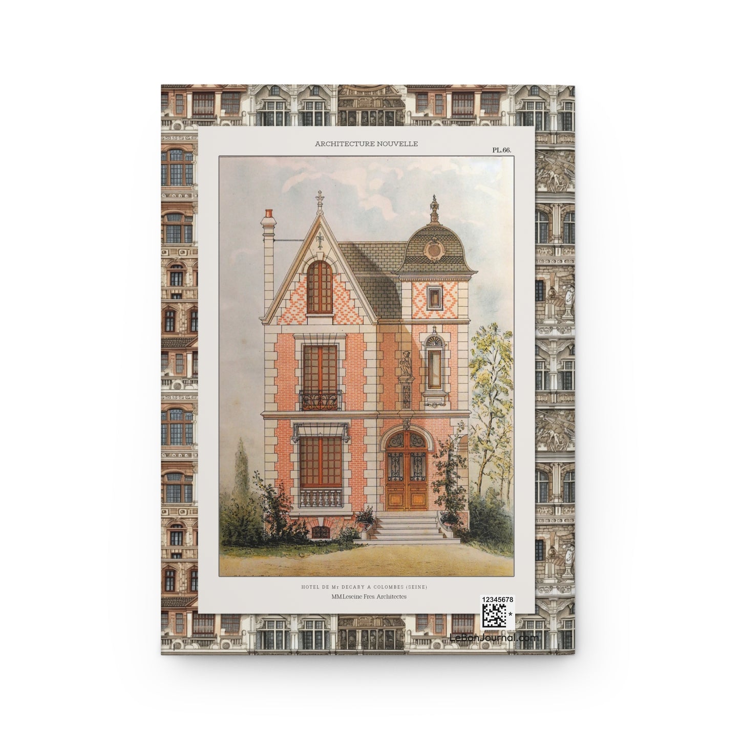 Back cover of hardcover journal featuring Leseine Frères Hôtel de M Decary Colombes Plate 66 from Architecture Nouvelle neo-medieval villa - LeBonJournal