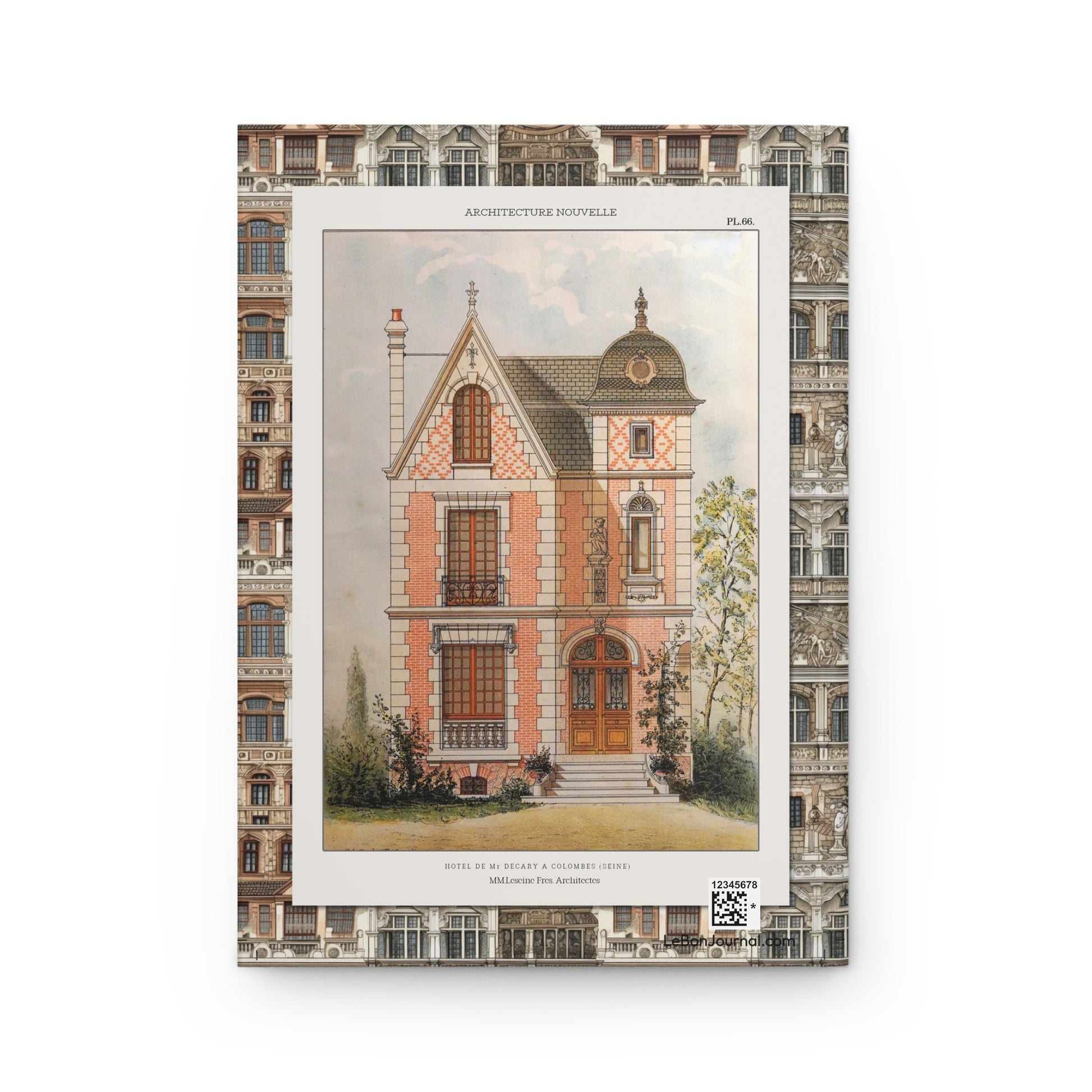Back cover of hardcover journal featuring Leseine Frères Hôtel de M Decary Colombes Plate 66 from Architecture Nouvelle neo-medieval villa - LeBonJournal