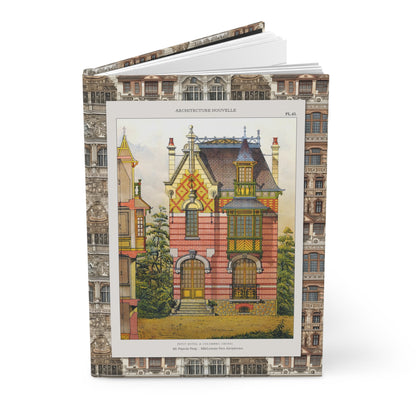 Hardcover journal standing upright showing Leseine Frères Petit Hôtel à Colombes architectural plate on front cover - LeBonJournal
