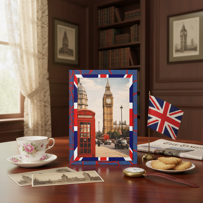London icons journal in classic British setting with bone china teacup Union Jack flag and vintage London travel memorabilia - LeBonJournal
