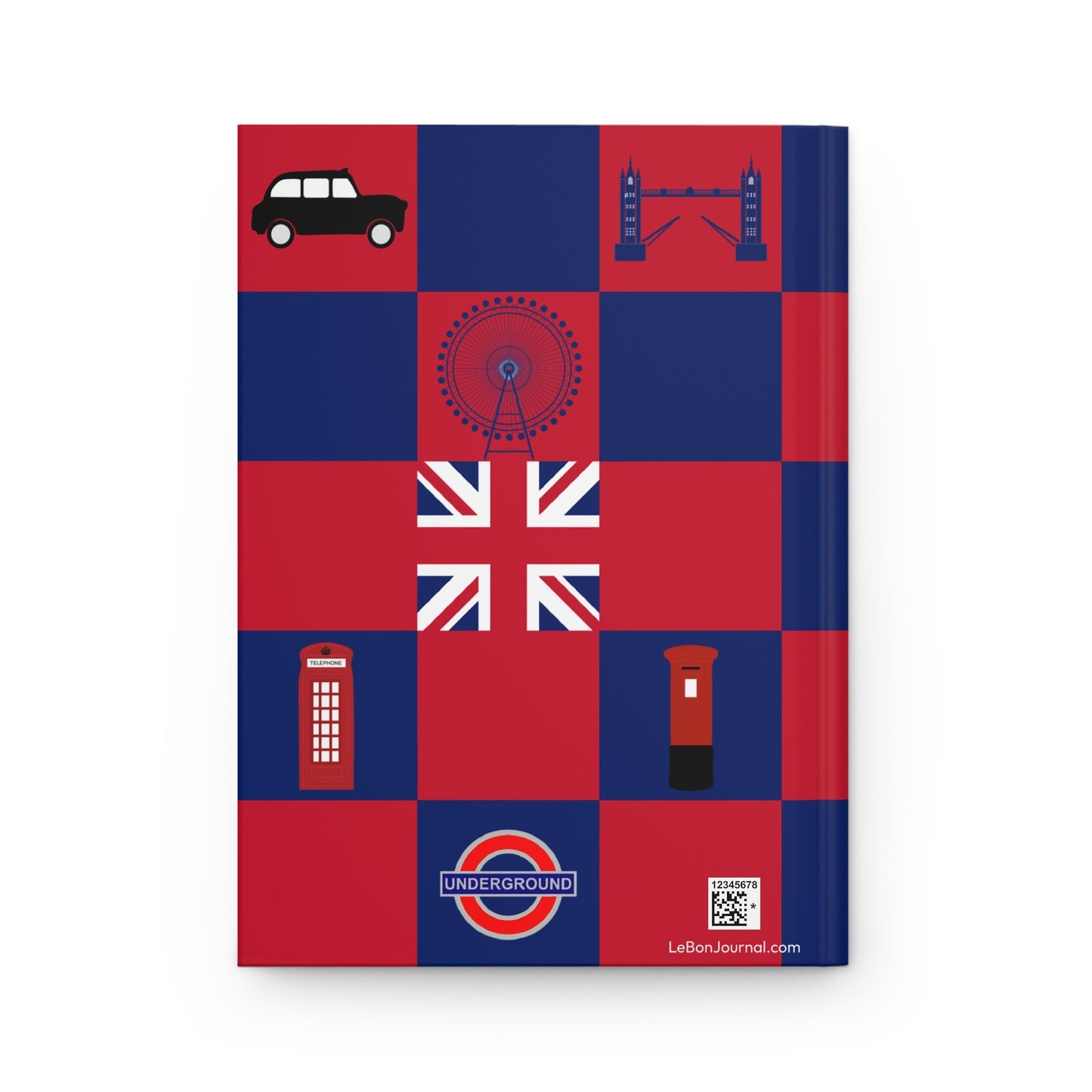 London travel journal back cover with Union Jack colors and British icons mosaic - LeBonJournal