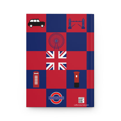 London travel journal back cover with Union Jack colors and British icons mosaic - LeBonJournal