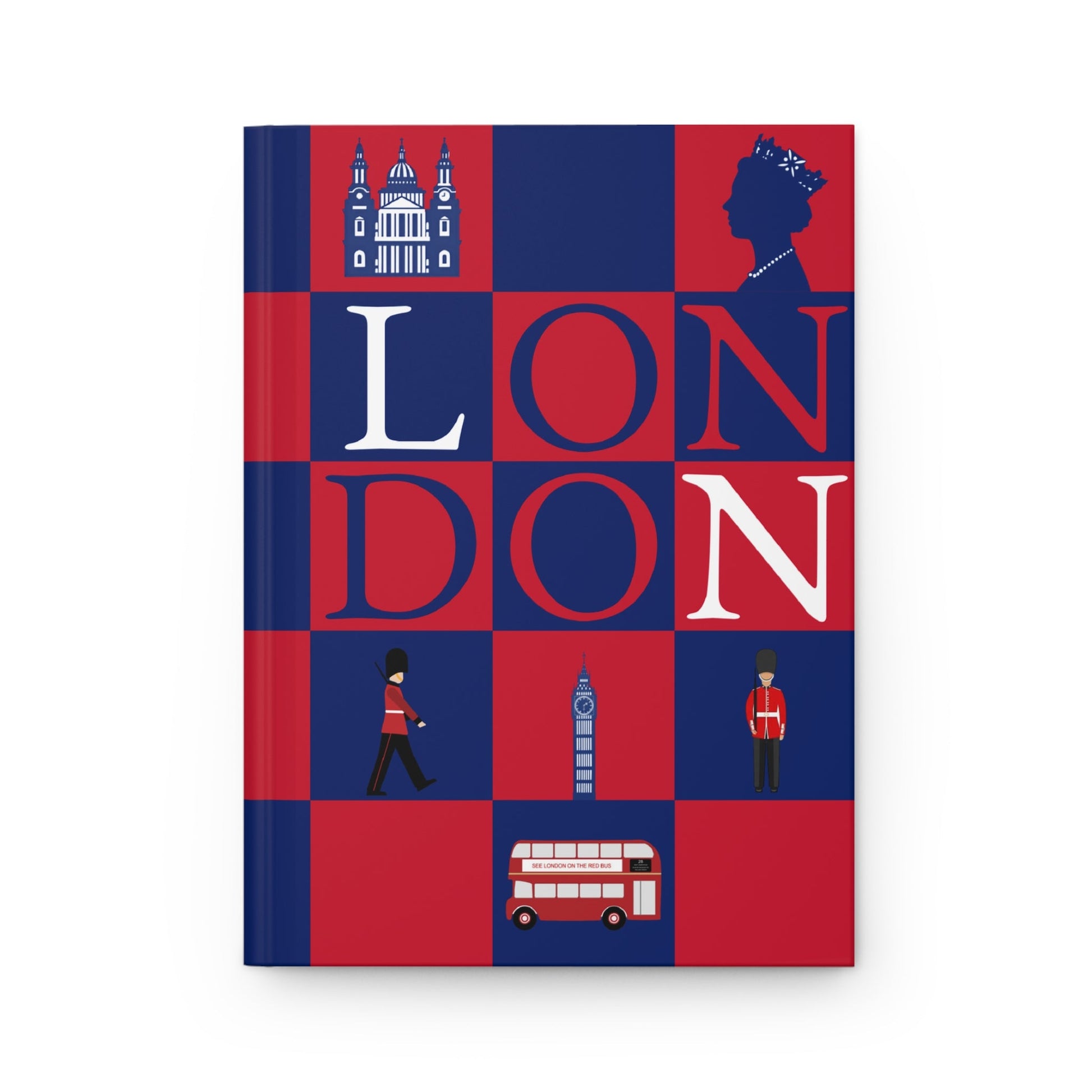 London travel journal front cover with LONDON text and 12 iconic city symbols mosaic - LeBonJournal