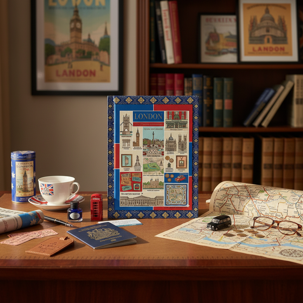 London Thames landmarks journal on British traveler desk with Tube map passport taxi souvenirs tea - LeBonJournal
