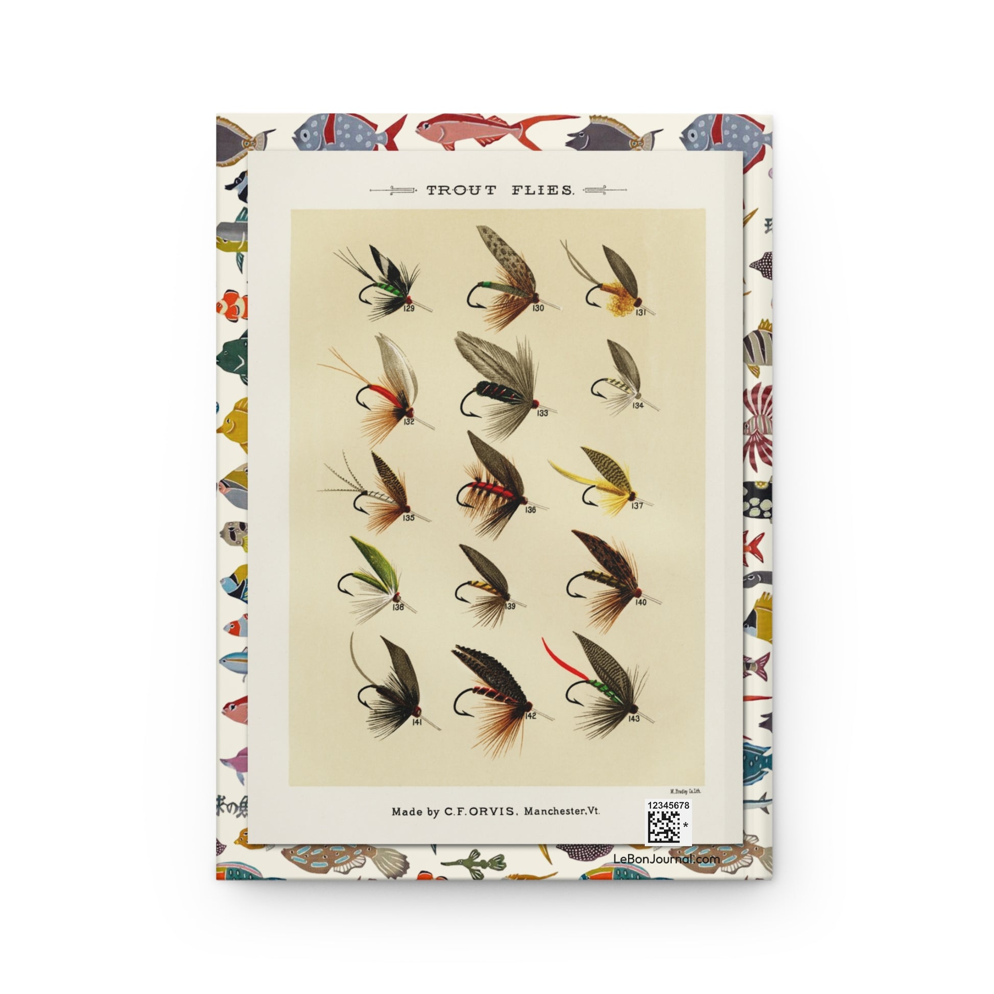 Mary Orvis Marbury journal back cover with 1892 fly fishing patterns - LeBonJournal