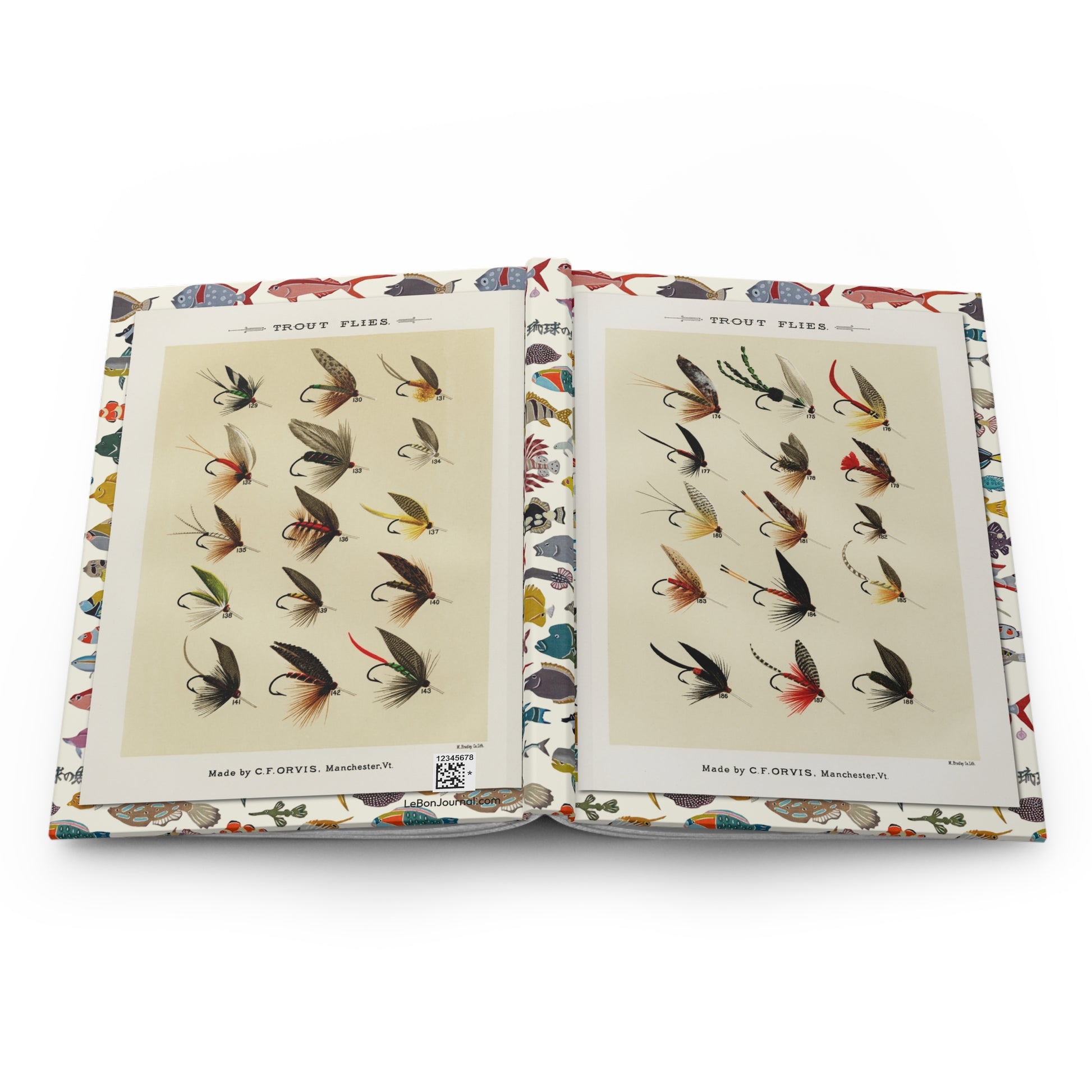 Mary Orvis Marbury fly fishing journal open showing casewrap binding with 1892 trout flies - LeBonJournal