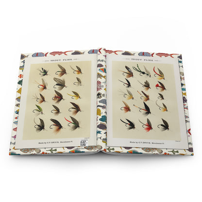 Mary Orvis Marbury fly fishing journal open showing casewrap binding with 1892 trout flies - LeBonJournal