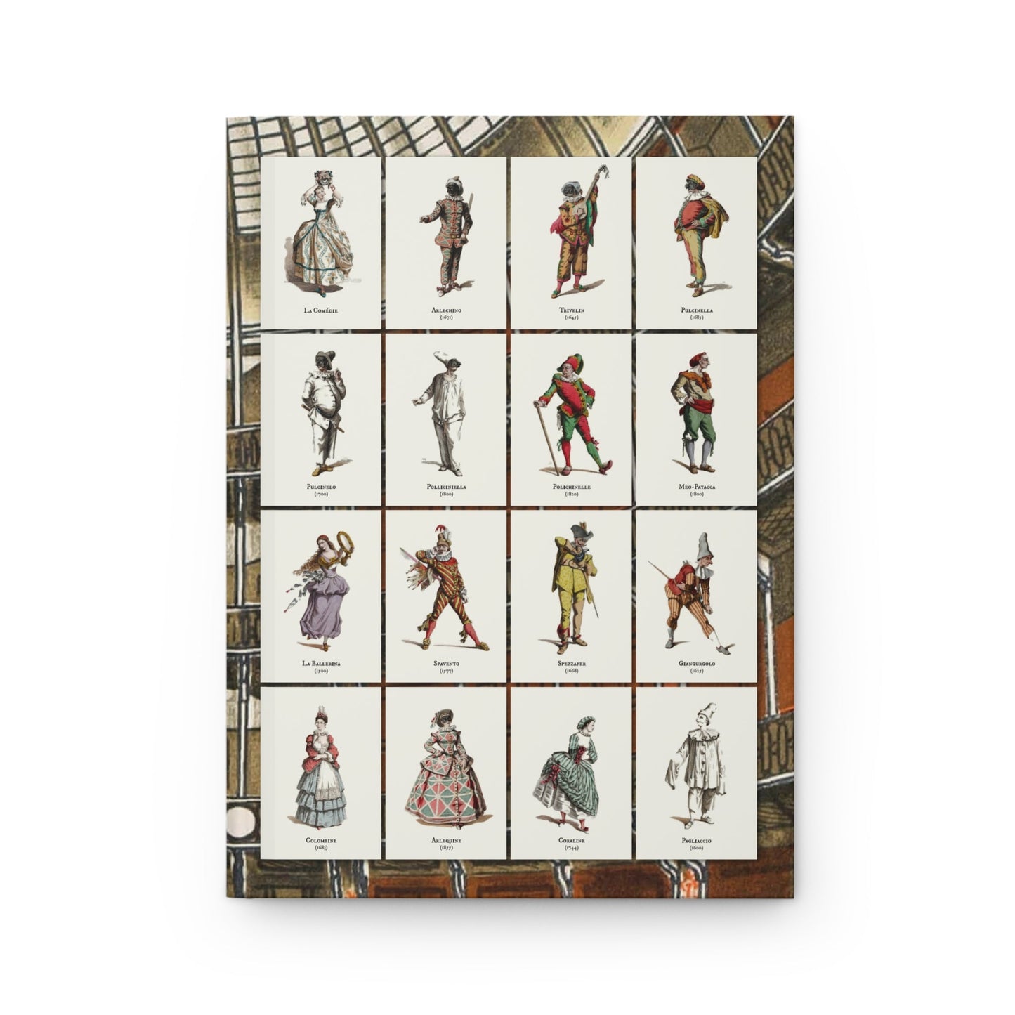 Commedia dell'Arte journal front with 16 characters including Arlechino, Pulcinella and Colombine - LeBonJournal