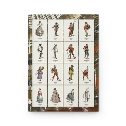 Commedia dell'Arte journal front with 16 characters including Arlechino, Pulcinella and Colombine - LeBonJournal