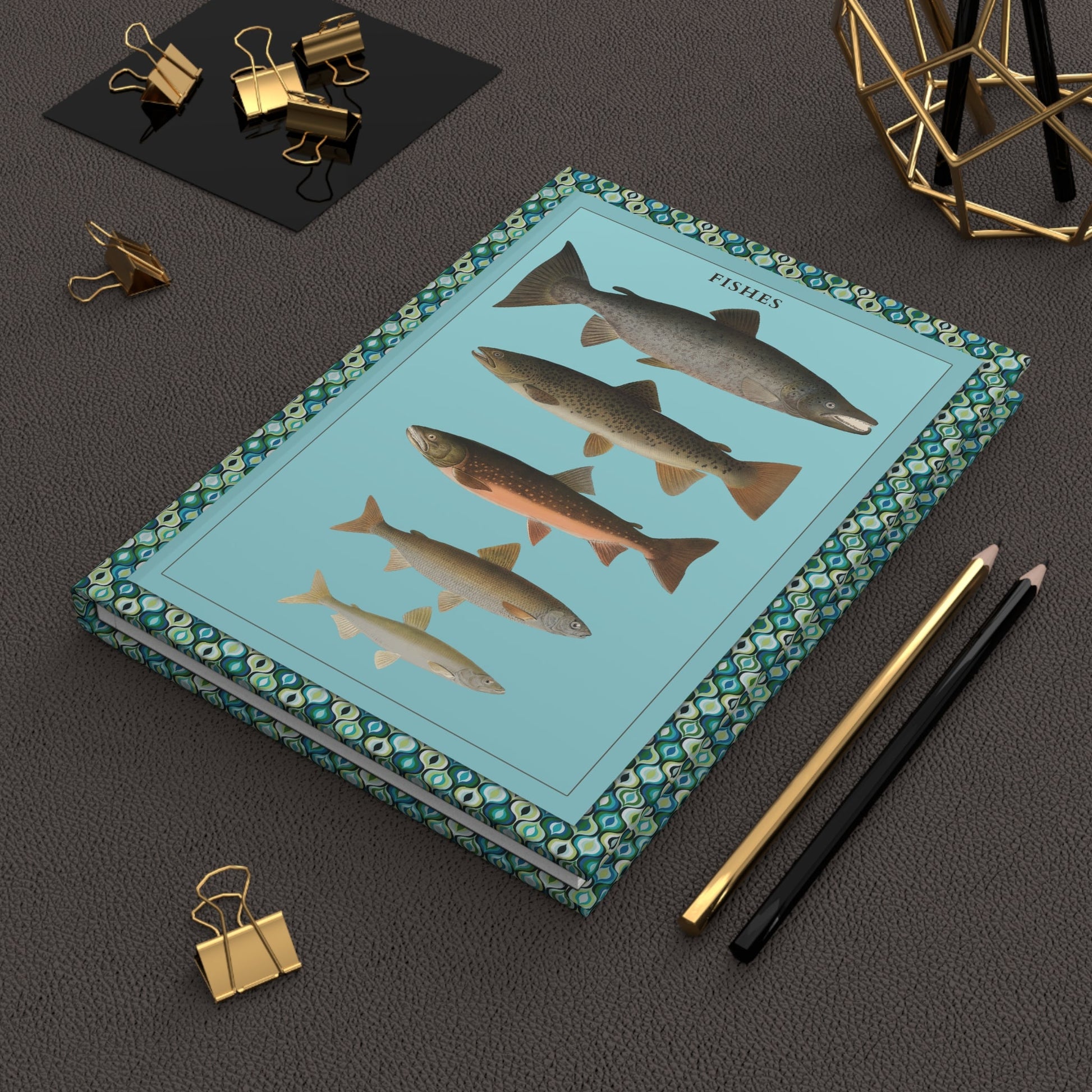 Max Richter 1939 Swedish fish posters journal on desk with gold clips for angling notes - LeBonJournal