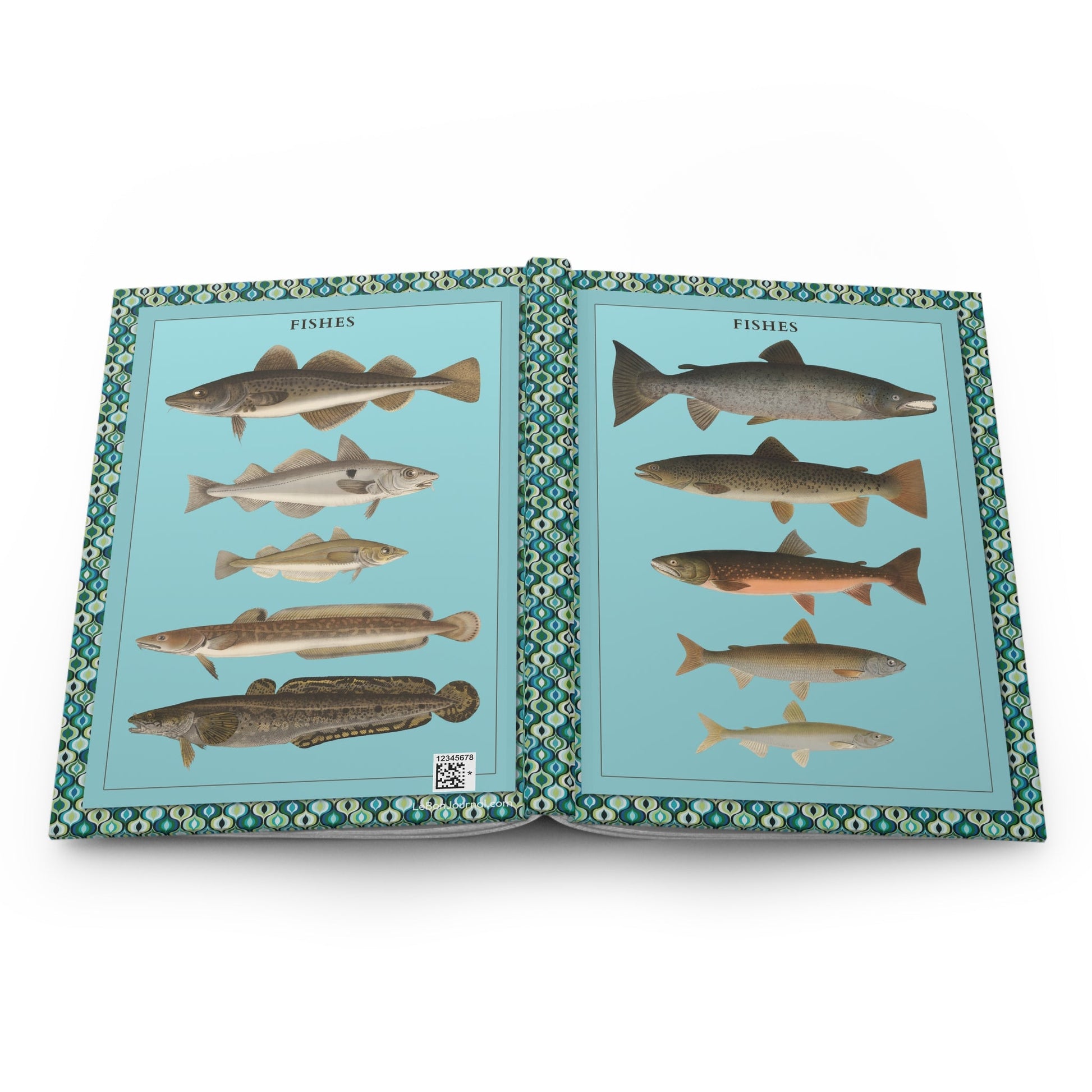 Max Richter fish posters journal open showing casewrap binding with Swedish educational charts - LeBonJournal