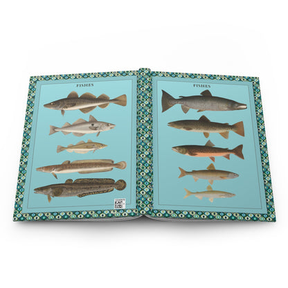 Max Richter fish posters journal open showing casewrap binding with Swedish educational charts - LeBonJournal