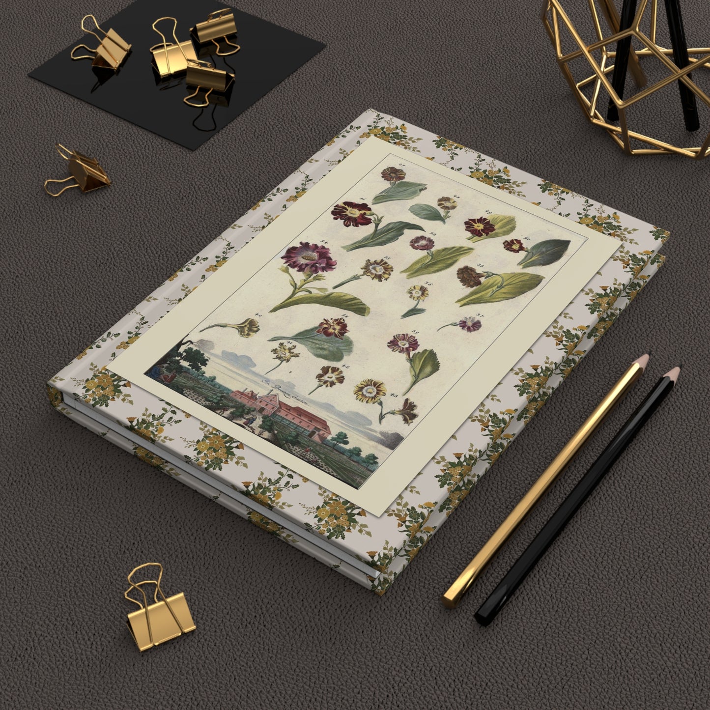 Volkamer medicinal flowers journal on desk with gold clips for herbalism notes - LeBonJournal