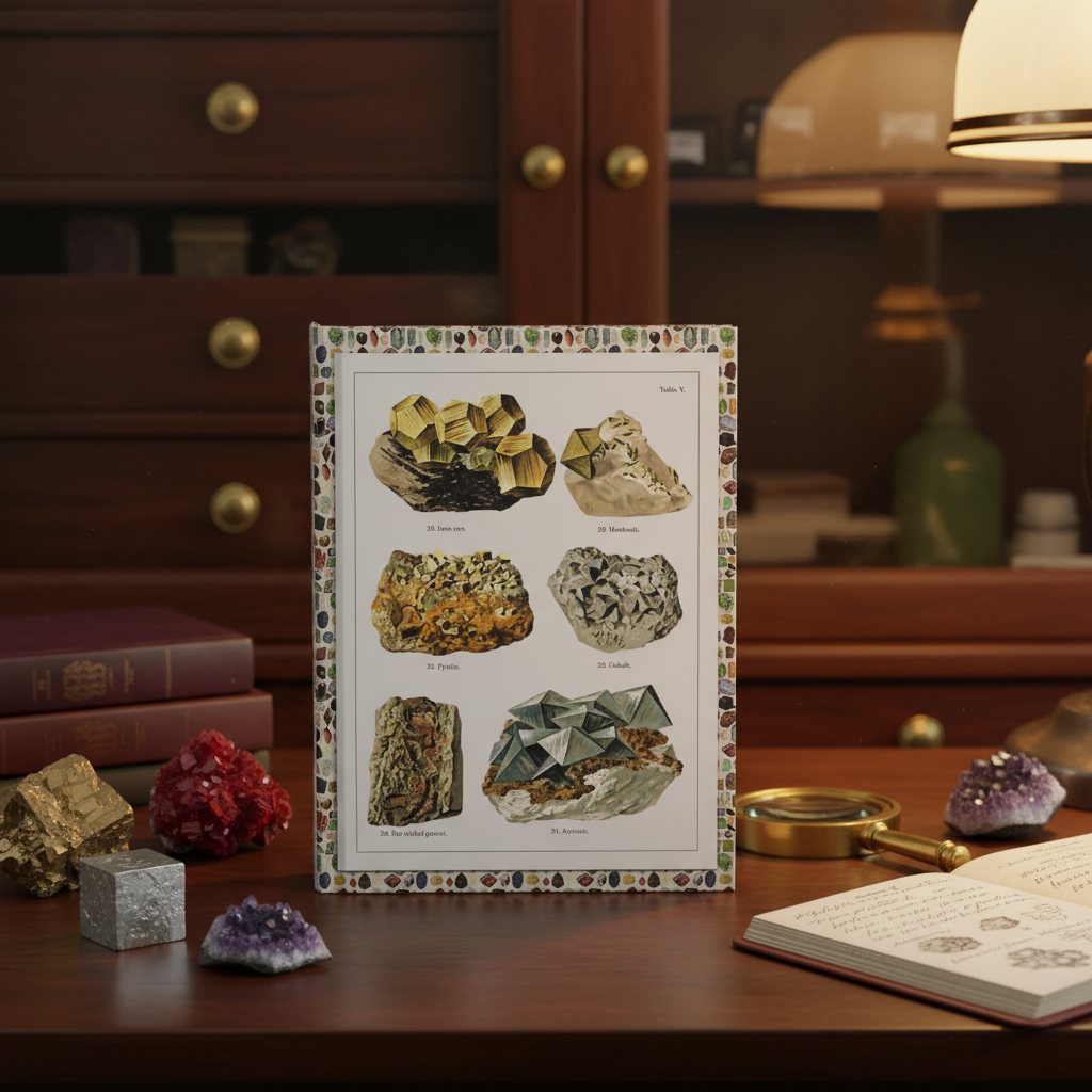 Schleyer 1935 Mineralogie journal in Victorian mineral cabinet with pyrite cinnabar galena specimens brass loupe and mahogany drawers - LeBonJournal