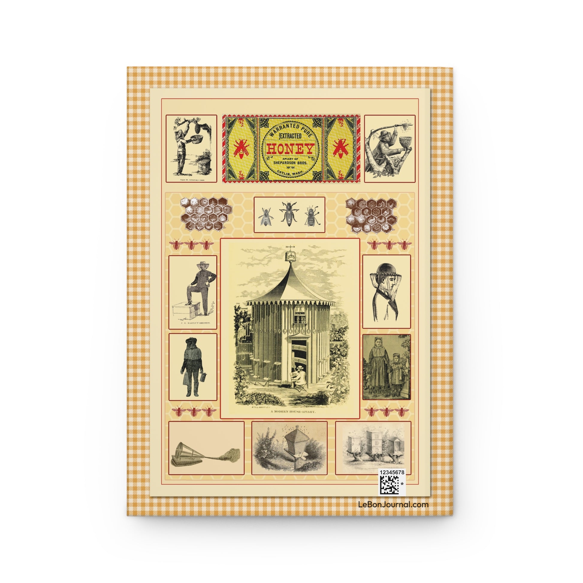 Back cover of hardcover journal featuring Modern Apiary Collection with Shepardson Bros extracted honey label house-apiary protective veils centrifugal extractor 19th century - LeBonJournal