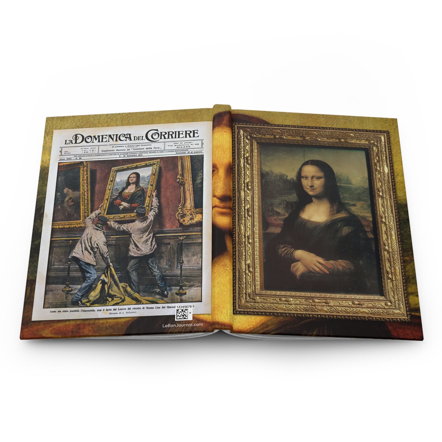Hardcover journal opened flat showing spine binding and both covers with Mona Lisa painting and 1911 theft illustration - LeBonJournal