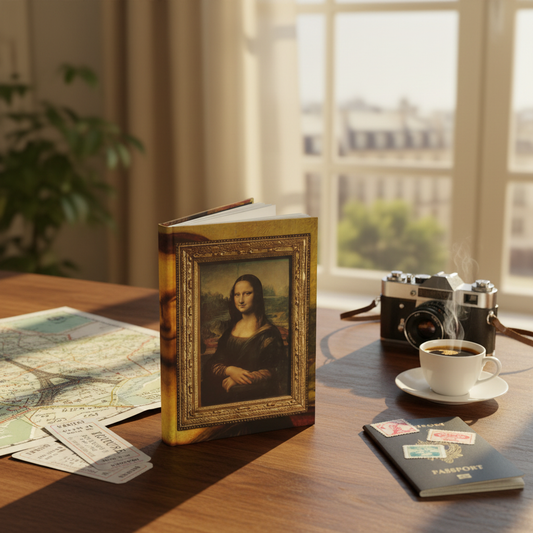 Lifestyle photo of Mona Lisa journal standing upright on table with vintage Paris map Louvre museum tickets vintage camera passport and espresso for cultural travelers - LeBonJournal