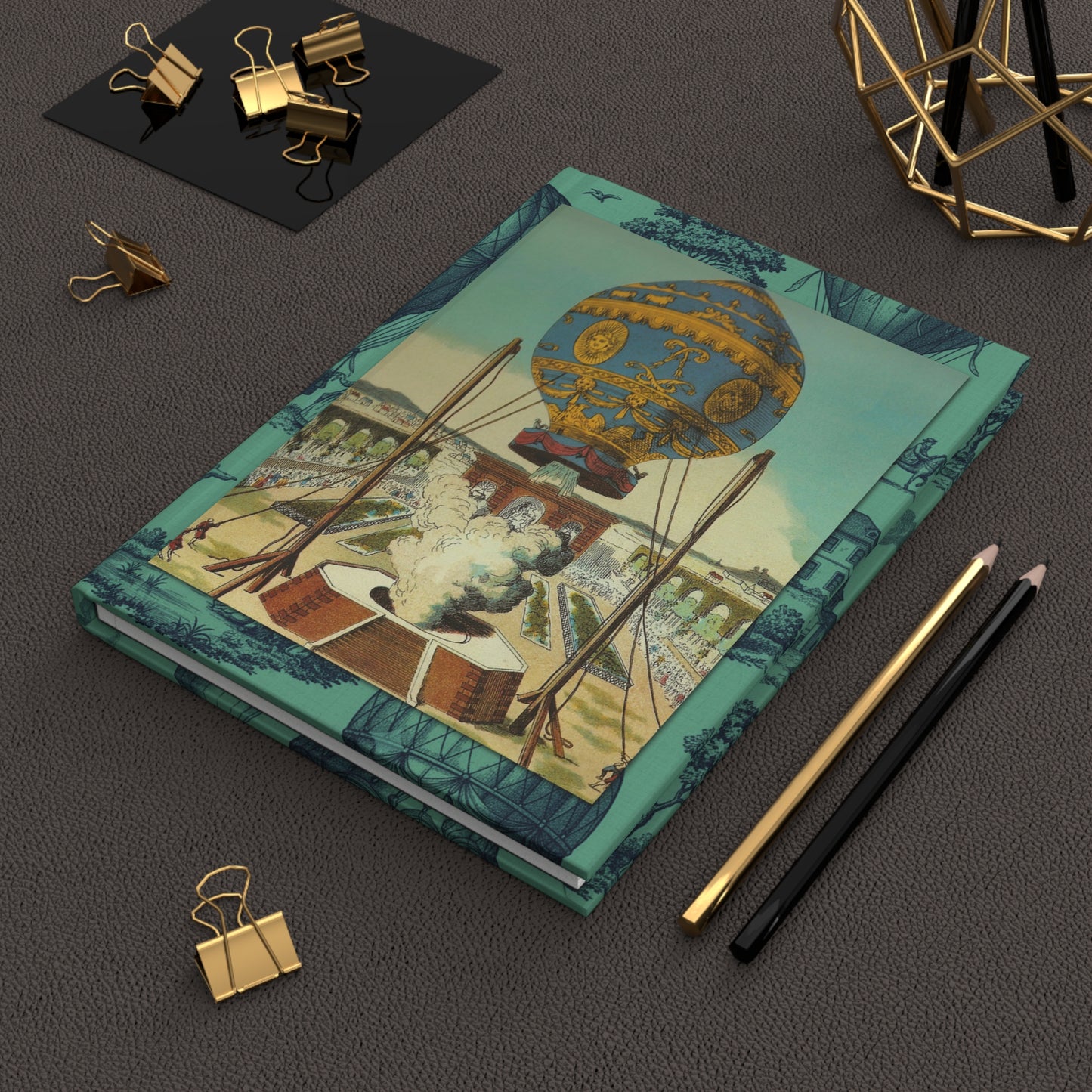 Hot air balloon Montgolfier journal on vintage aviation desk with brass telescope antique maps compass and 18th century French Enlightenment scientific instruments - LeBonJournal