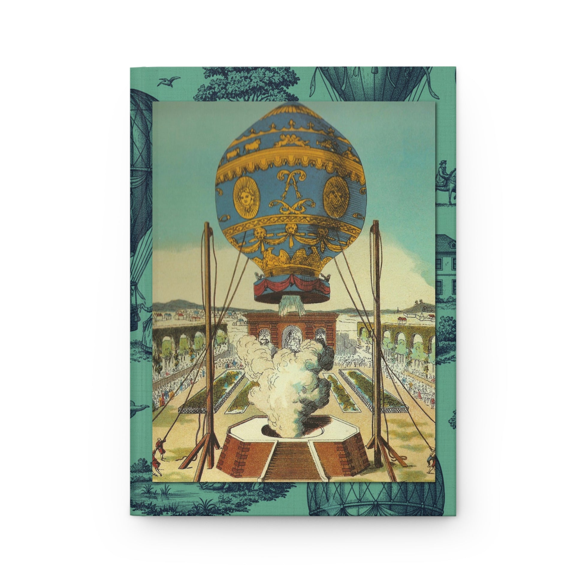 Front cover close-up Claude Louis Desrais 1786 hand-colored engraving Montgolfier hot air balloon Le Réveillon Versailles 1783 with King Louis XVI court and animal passengers - LeBonJournal