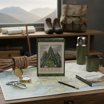 Mountains hardcover journal standing on wooden table with topographic map of British Isles, vintage compass, hiking gear, thermos, route planning setup, elegant stationery for hikers and peak baggers - LeBonJournal