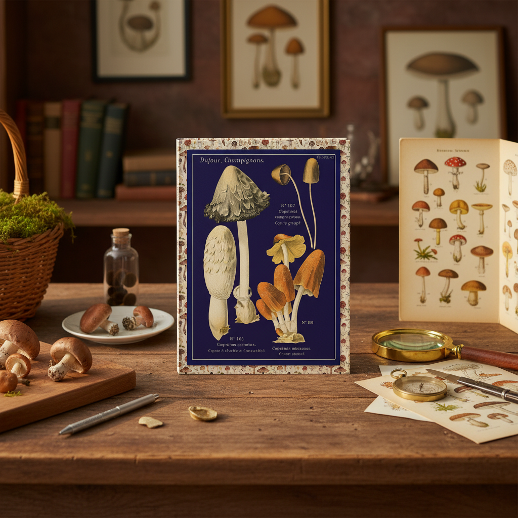 Mushroom journal at forager table with field guide specimens identification Léon Dufour 1891 navy - LeBonJournal