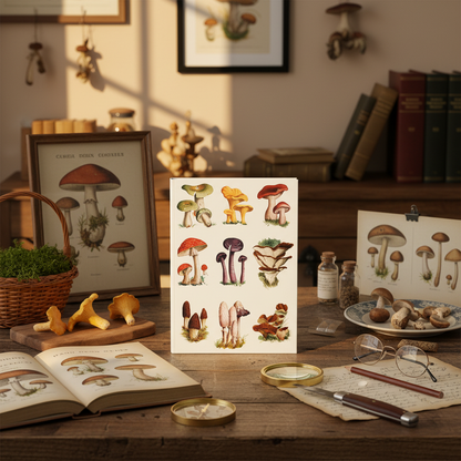 Mushroom journal at forager table with field guide specimens El Tesoro de la Juventud encyclopedia - LeBonJournal
