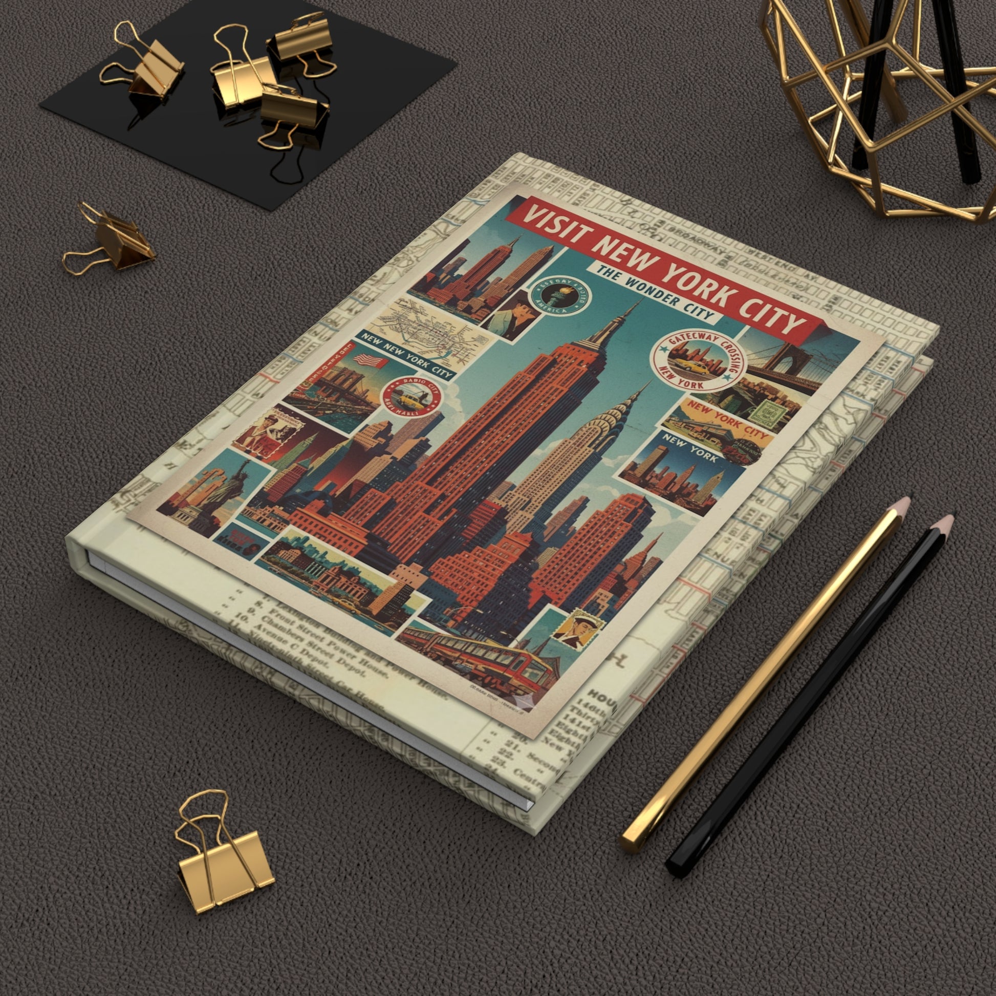 New York Wonder City journal with vintage travel ephemera Art Deco design books NYC photography Empire State Building postcards and mid-century travel memorabilia - LeBonJournal