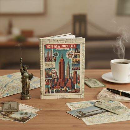 New York Wonder City journal with vintage travel ephemera Art Deco design books NYC photography Empire State Building postcards and mid-century travel memorabilia - LeBonJournal