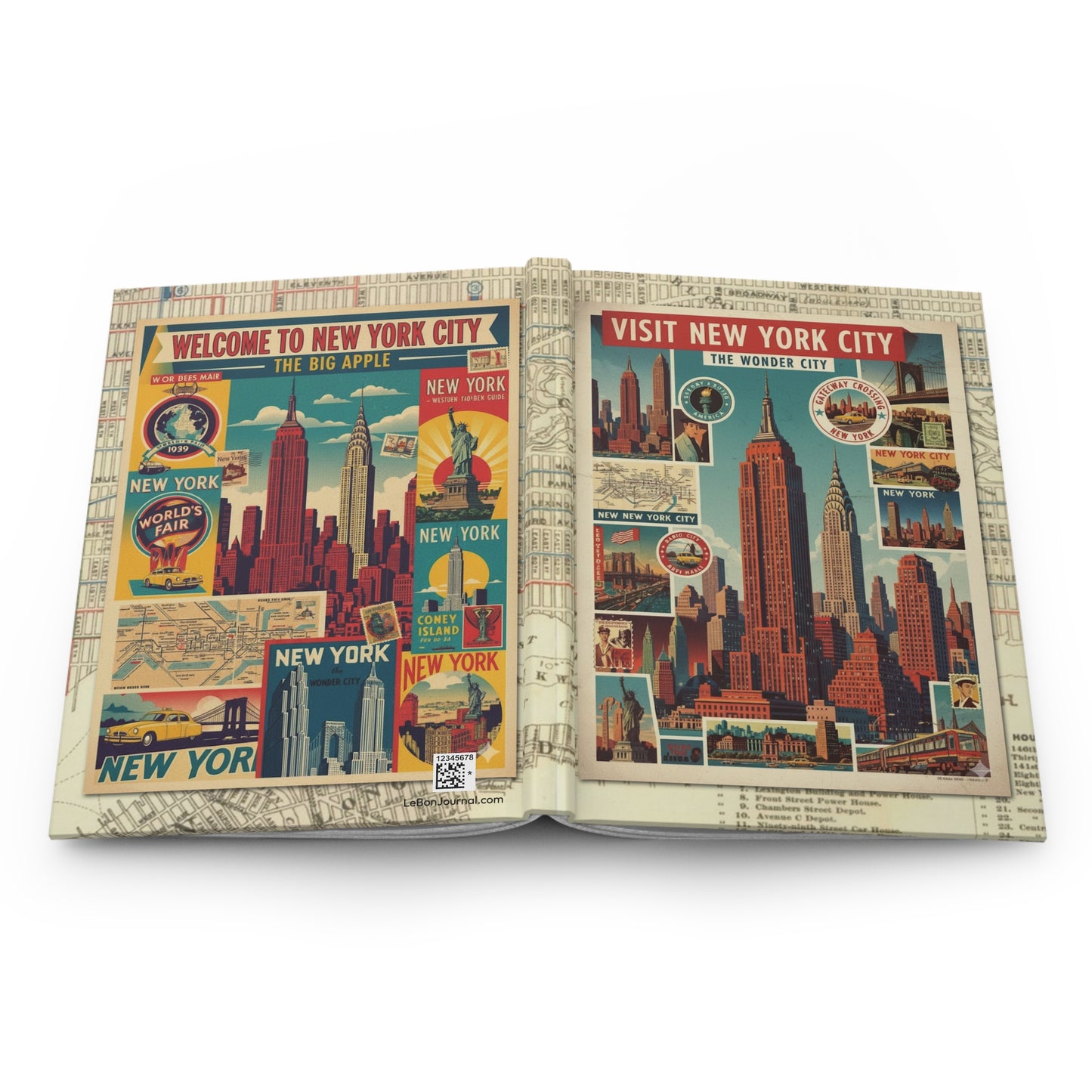 New York Wonder City journal open flat showing casewrap binding spine with Art Deco travel poster and vintage collage front and back covers - LeBonJournal