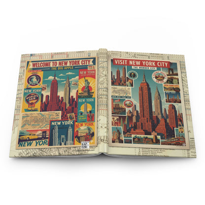 New York Wonder City journal open flat showing casewrap binding spine with Art Deco travel poster and vintage collage front and back covers - LeBonJournal