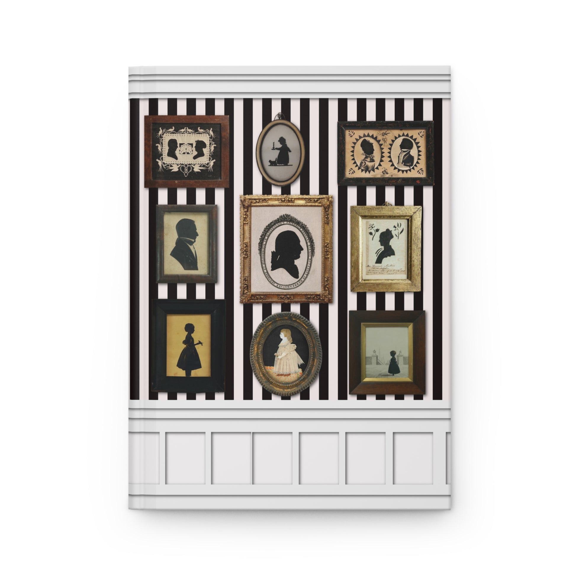 nine framed silhouette portraits oval rectangular gold silver frames front cover on striped wallpaper - LeBonJournal
