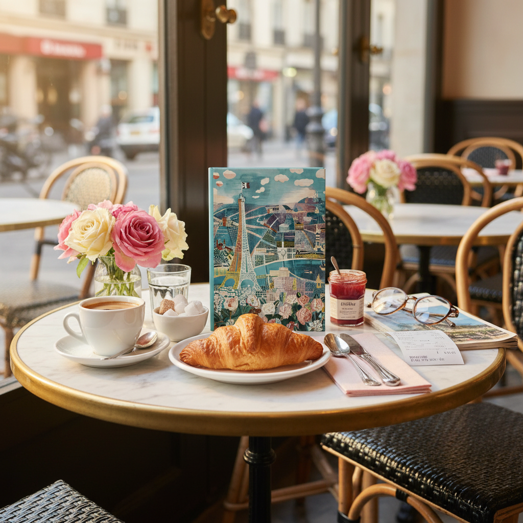 Paris journal at Parisian café table with croissant espresso Eiffel Tower postcard Raoul Dufy 1925 - LeBonJournal
