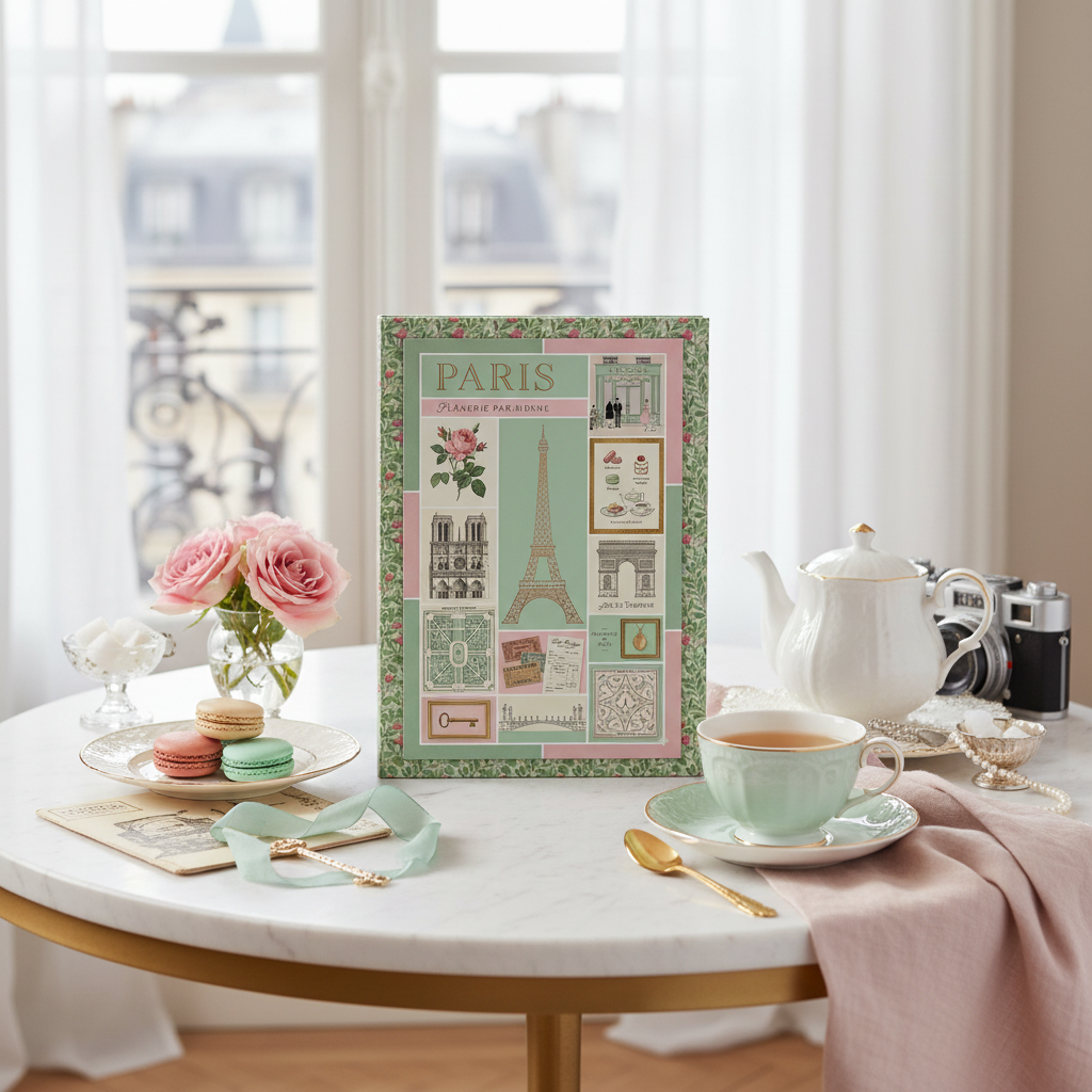 Paris shabby chic journal with macarons tea roses mint pink gold romantic Parisian tea time - LeBonJournal
