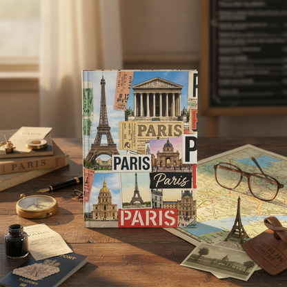 Paris vintage collage journal with Paris map compass Eiffel Tower souvenir metro tickets travel ephemera - LeBonJournal
