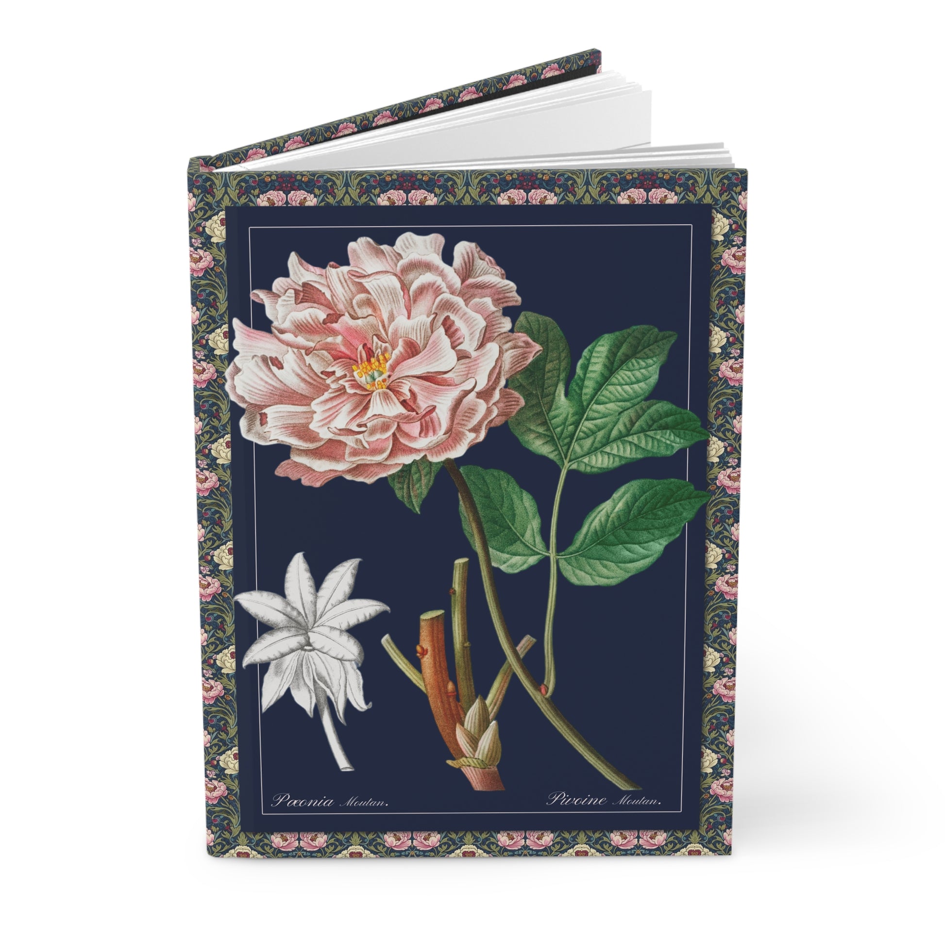 Peonies Redouté hardcover journal featuring Pierre-Joseph Redouté 1827 Moutan peony Paeonia suffruticosa botanical illustration contemporary dark blue background - LeBonJournal