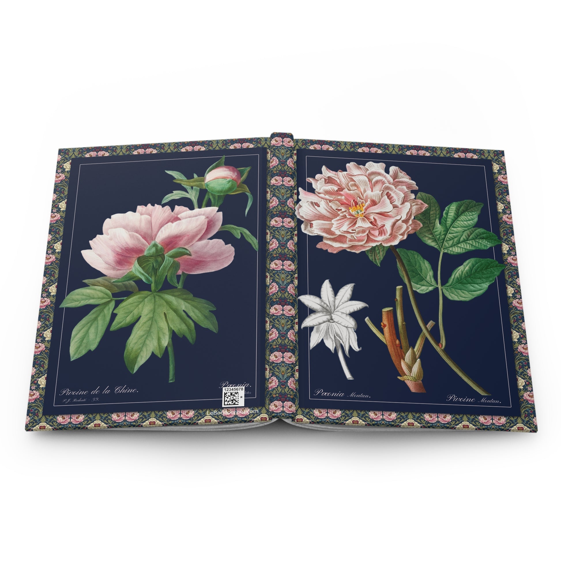 Peonies Redouté journal open flat showing casewrap binding spine with Moutan peony and Chinese peony illustrations dark blue backgrounds - LeBonJournal