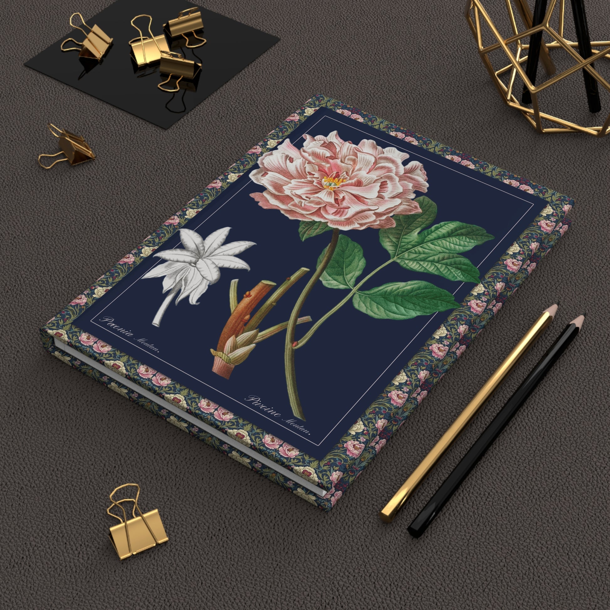 Peonies Redouté journal with fresh pink peonies botanical books garden tools Raphael of flowers 19th century botanical art - LeBonJournal