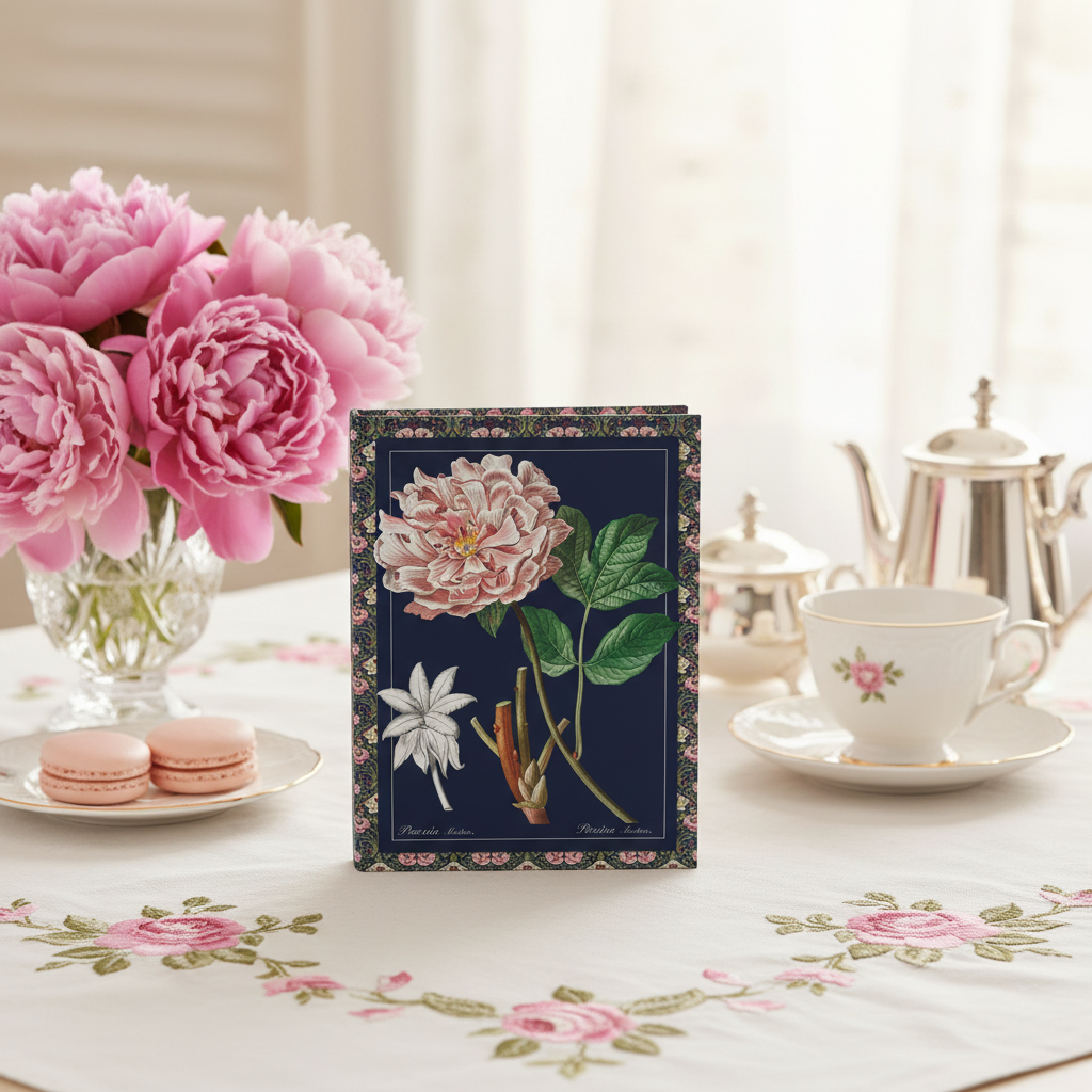 Peonies Redouté journal with fresh pink peonies botanical books garden tools Raphael of flowers 19th century botanical art - LeBonJournal