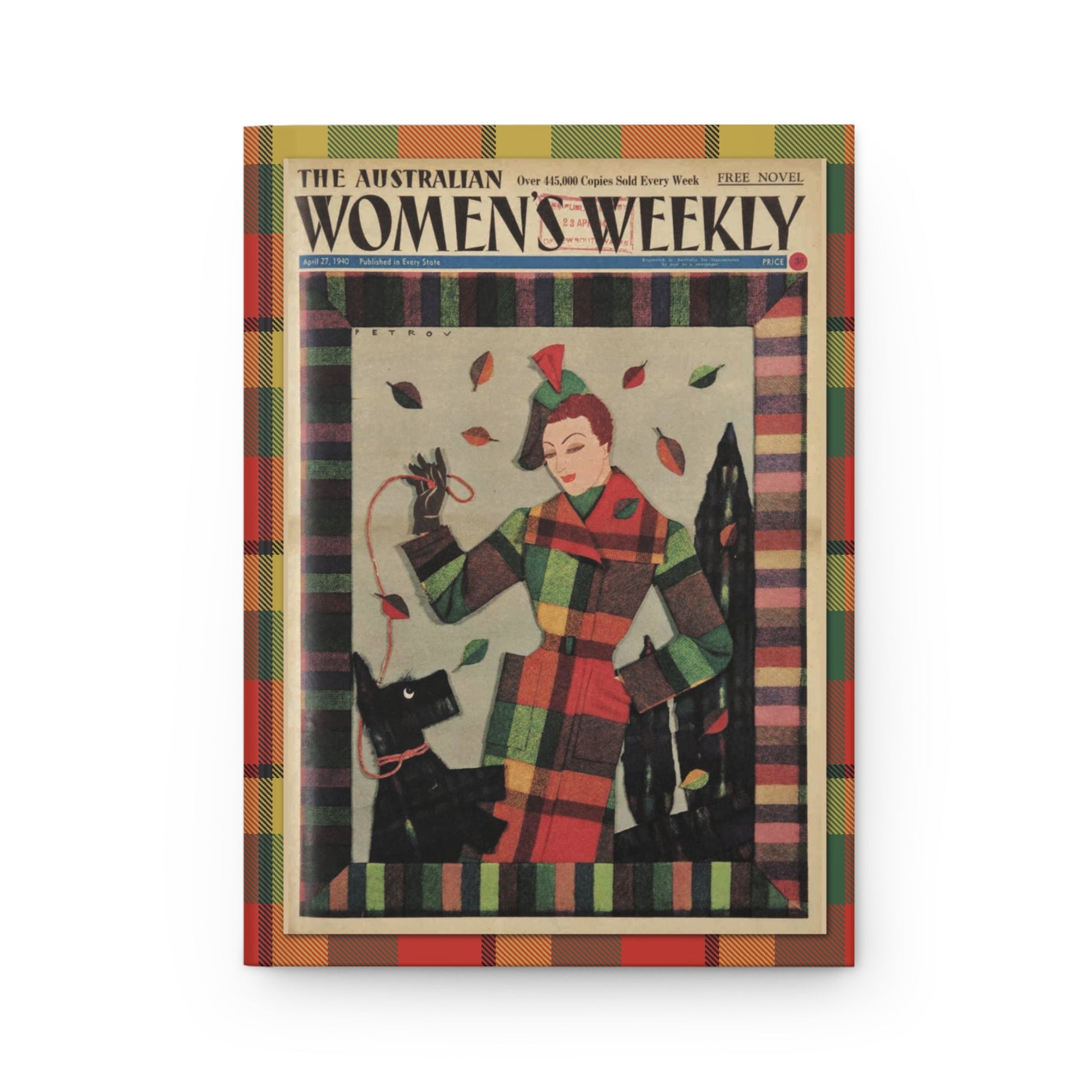 Front cover of hardcover journal featuring Petrov April 27 1940 fabric illustration from The Australian Women's Weekly with woman in red green yellow plaid coat - LeBonJournal