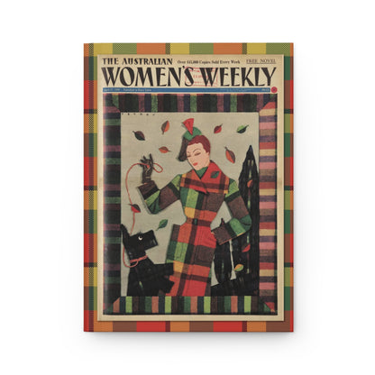 Front cover of hardcover journal featuring Petrov April 27 1940 fabric illustration from The Australian Women's Weekly with woman in red green yellow plaid coat - LeBonJournal