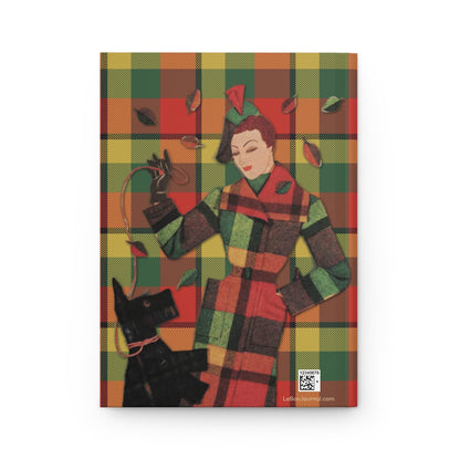 Back cover of hardcover journal featuring detail of Petrov 1940 fabric collage illustration with fashionable woman in tartan plaid coat and hat - LeBonJournal